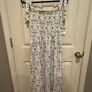 White Floral Smocked Maxi Dress with Tie Straps